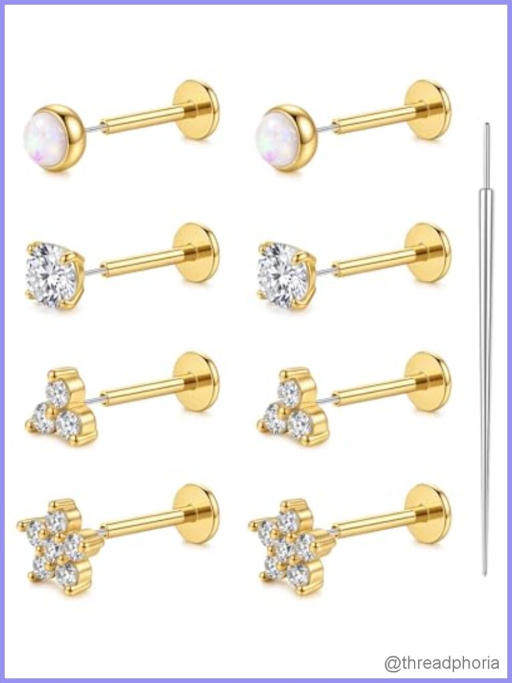Threadless Flat Back Earrings 316L Surgical Steel CZ Cartilage Studs 8mm Push